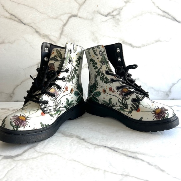 Vegan Leather doc style combat boots floral watercolour design - Picture 2 of 12
